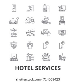 Hotel services, room service, tourism, receptionist line icons. Editable strokes. Linear isolated signs