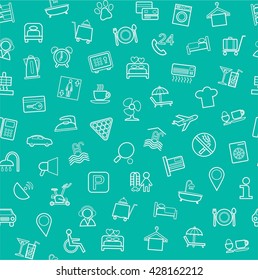 Hotel services, seamless background, green. Vector green background with white linear icons of hotel services. 
