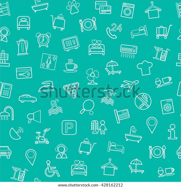 Hotel services,\
seamless background, green. Vector green background with white\
linear icons of hotel services.\
