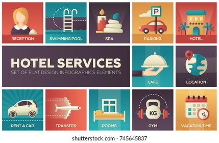 Hotel services - set of flat design infographics elements. Reception, swimming pool, parking, spa, cafe, location, rent a car, transfer, rooms, gym, vacation time