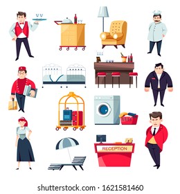 Hotel Services Set. Reception Desk, Luggage Trolley, Bedroom Furniture, Room Service Food Push Cart, Restaurant Bar. Staff Security Guard, Porter With Suitcases Wearing Uniform. Vector Illustration.