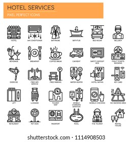 Servicios hoteleros , Línea fina y Iconos Perfectos de Pixel
