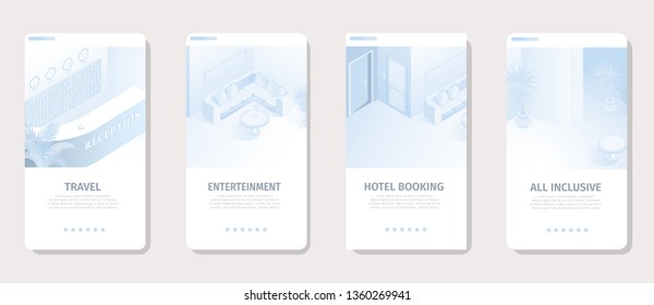 Hotel Services for Vacation Banners Set Vector Illustration. Modern Tourism, Travel and Business Interface for Social Media Landing Page Template. Comfortable Room Booking Reservation Isometric.