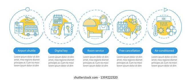 Hotel Services Vector Infographic Template. Airport Shuttle, Free Cancellation. Business Presentation Design. Data Visualization With Five Steps And Options. Process Timeline Chart. Workflow Layout