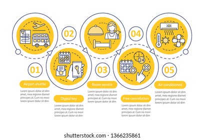 Hotel Services Vector Infographic Template. Airport Shuttle, Free Cancellation. Business Presentation Design. Data Visualization With Five Steps And Options. Process Timeline Chart. Workflow Layout