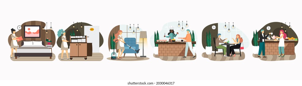 Hotel Set, Flat Vector Isolated Illustration. Hotel Room Cleaning And Food Service. Hospitality Industry.