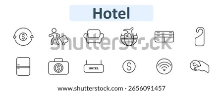Hotel set icon. Currency circle, traveler, armchair, flight globe, card, hanger, refrigerator, safe, sign, coin, wifi, hand holding coin, hospitality items displayed