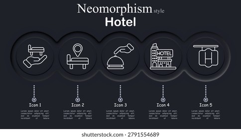 Hotel set icon. Neomorphic dark interface circles with line symbols of room service tray bed, hotel location bed pin, reception bell service, hotel building sign, luggage suitcase travel