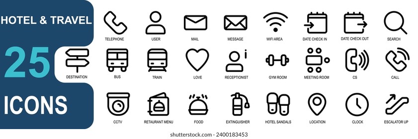 hotel set icon. outline style. contains telephone, user, email, wifi, check on, check uot, search, destination, bus, train, heart, gym, meeting room.vector for app and web