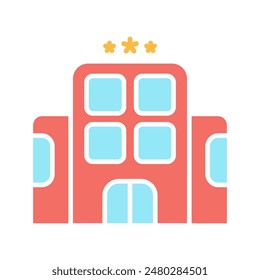 Hotel set icon. Red building, blue windows, three stars, accommodation, lodging, hospitality, travel, tourism, vacation, stay.