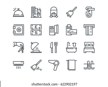 Hotel. Set of outline vector icons. Includes such as Reception, Bag, Currency Exchange and other. Editable Stroke. 48x48 Pixel Perfect.