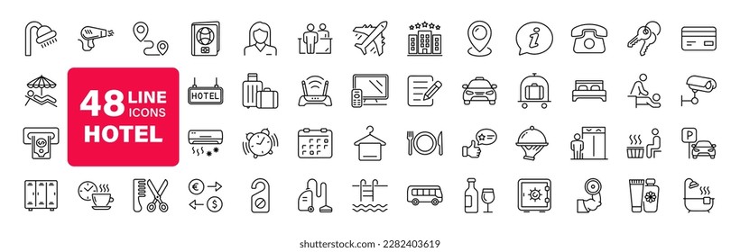 Hotel set of web icons in line style. Hotel and vacation icons for web and mobile app. Hotel services, recreational rest, relax, travel. Vector illustration