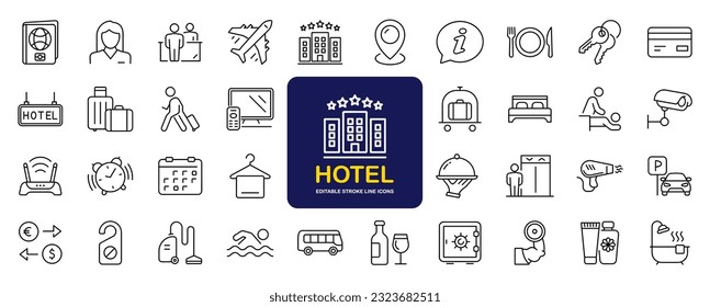 Hotel set of web icons in line style. Hotel and vacation icons for web and mobile app. Hotel services, recreational rest, relax, travel. Vector illustration