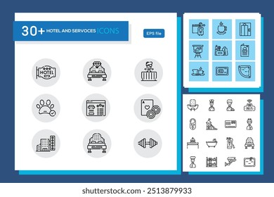 Hotelset von Web-Icons im Linienstil. Hotel- und Urlaubssymbole für Web und mobile App. Hoteldienstleistungen, Erholung, Entspannung, Reisen. Vektorgrafik