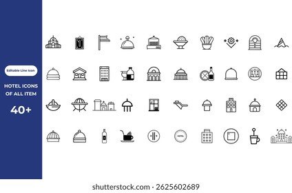  Hotel set of web icons in line style. Hotel and vacation icons for web and mobile app Hotel services, Travel Vector, relax Illustration set