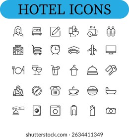 Hotel conjunto de iconos web en estilo de línea. Iconos del hotel y de las vacaciones para el Web y el App móvil.