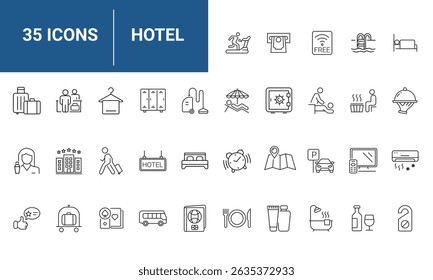 Hotel set of web icons in line style. Hotel and vacation icons for web and mobile app. Hotel services, recreational rest, relax, travel. Vector illustration