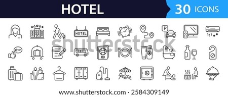 Hotel set of web icons in line style. Hotel and vacation icons for web and mobile app. Hotel services, recreational rest, relax, travel. Vector illustration
