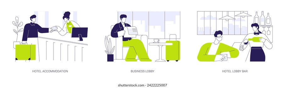 Hotel sevices for business abstract concept vector illustration set. Hotel accommodation, business lobby, hotel lobby bar, work trip, check-in at the reception, room key abstract metaphor.