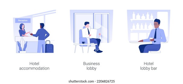 Hotel sevices for business isolated concept vector illustration set. Hotel accommodation, business lobby, hotel lobby bar, work trip, check-in at the reception, room key vector cartoon.