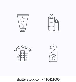 Hotel, shampoo and sun cream icons. Do not disturb linear sign. Flat linear icons on white background. Vector