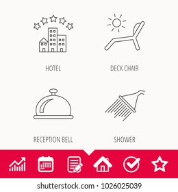 Hotel, shower and beach deck chair icons. Reception bell linear sign. Edit document, Calendar and Graph chart signs. Star, Check and House web icons. Vector