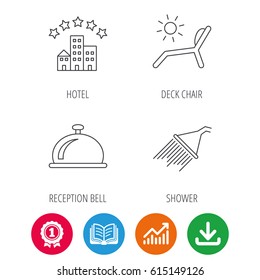 Hotel, shower and beach deck chair icons. Reception bell linear sign. Award medal, growth chart and opened book web icons. Download arrow. Vector