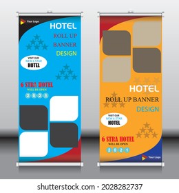 Banner de enrollamiento del lado del hotel con plantilla vectorial. Resumen de formas geométricas con diseño comestible. 