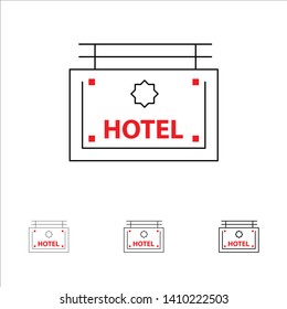 Hotel, Sign, Board, Direction Bold and thin black line icon set