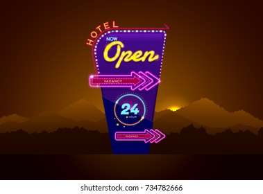 hotel sign buib and neon open vector illustration