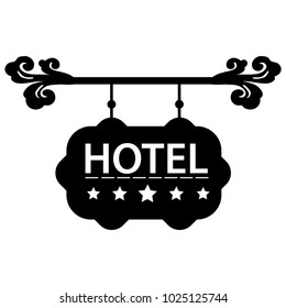 Hotel sign hanging from a decorated support. Flat design, vector.