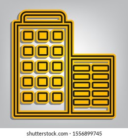 Hotel sign illustration. Flat orange icon with overlapping linear black icon with gray shadow at whitish background. Illustration.