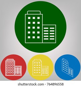Hotel sign illustration. Vector. 4 white styles of icon at 4 colored circles on light gray background.