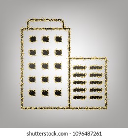 Hotel sign illustration. Vector. Blackish icon with golden stars at grayish background.