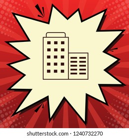 Hotel sign illustration. Vector. Dark red icon in lemon chiffon shutter bubble at red popart background with rays.
