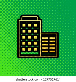 Hotel sign illustration. Vector. Pop art orange to yellow dots-gradient icon with black contour at greenish background.