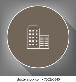 Hotel sign illustration. Vector. White icon on brown circle with white contour and long shadow at gray background. Like top view on postament.