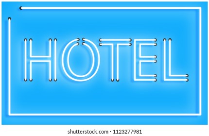 Hotel sign a neon light glowing and effect blur, drop shadow, glow with blue background