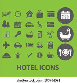 hotel signs: motel, room service, travel icons set, vector