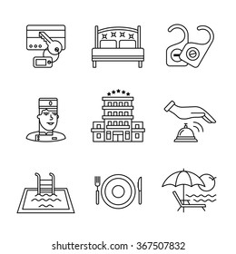 Hotel signs set. Thin line art icons. Linear style illustrations isolated on white.