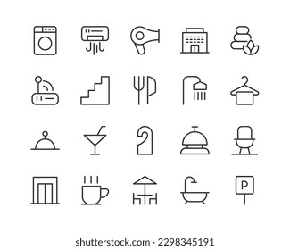 conjunto de iconos sencillo de hotel. Esquema modificable. Pixel perfecto 24x24px. Aislado sobre un fondo blanco