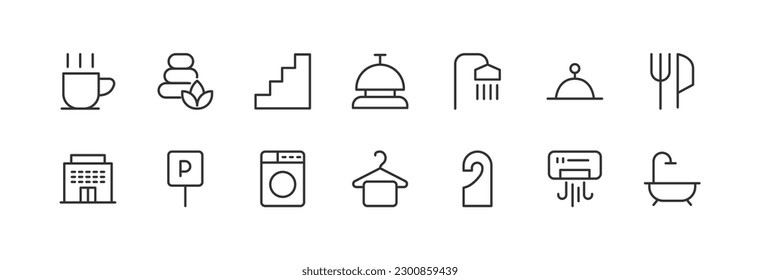 hotel simple icon set. Outline editable stroke. Pixel perfect 24x24px. Isolated on a white background