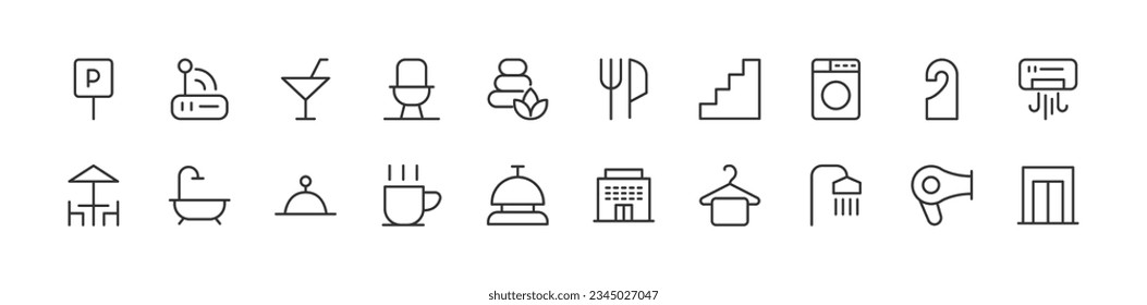 hotel simple icon set. Outline editable stroke. Pixel perfect 24x24px. Isolated on a white background