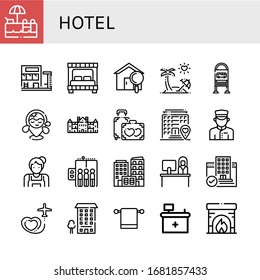 hotel simple icons set. Contains such icons as Swimming pool, Bed, House, Honeymoon, Bus stop, Beach, Palace, Hotel, Doorman, Maid, Elevator, can be used for web, mobile and logo