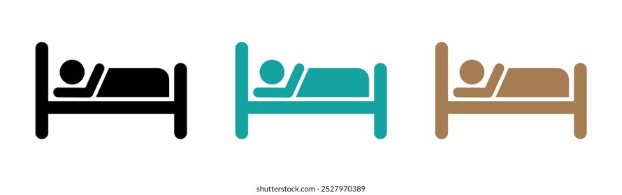 Iconos planos de un solo Vector del hotel. Persona en iconos vectoriales de cama. Icono de persona durmiente