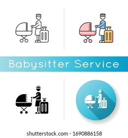 Hotel sitter icon. Professional babysitting service. Help with infant kids while on vacation. Day care during traveling. Linear black and RGB color styles. Isolated vector illustrations