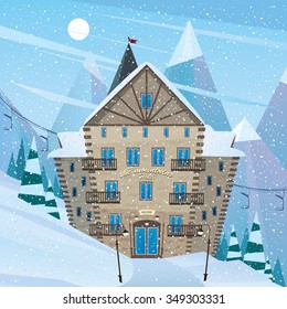 Hotel in the ski resort - sport tourism concept. Vector illustration