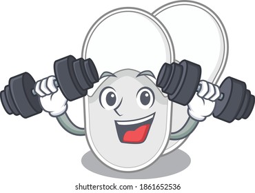 Hotel slippers mascot design feels happy lift up barbells during exercise