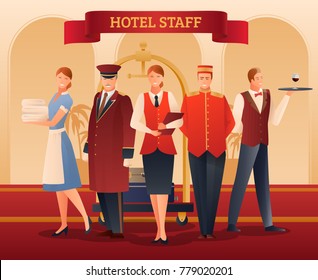 Hotel smiling staff flat gradient composition with administrator, porter, waiter, doorman and maid vector illustration 