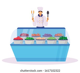 Hotel smorgasbord flat color vector illustration. Served buffet style table. Food court with fresh vegetables. Catering service. Restaurant worker. Chef isolated cartoon character on white background